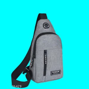 Front view of unisex sling bag with multiple compartments and zippers