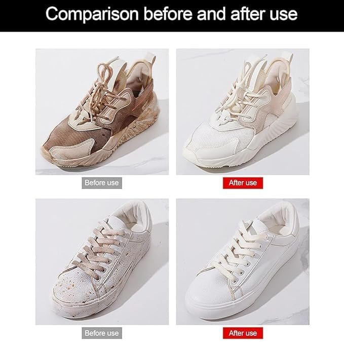 2-in-1 Shoe Brush placed next to clean and dirty shoes for comparison