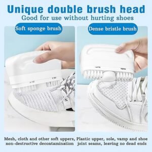 2-in-1 Shoe Brush kit showing sponge, bristles, and cleaning solution