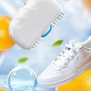 2-in-1 Shoe Brush cleaning white sneakers with foam and sponge attachment