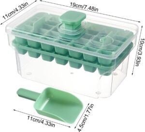 One-Press Ice Cube Tray with detailed measurements of tray, lid, and bin displayed on white background