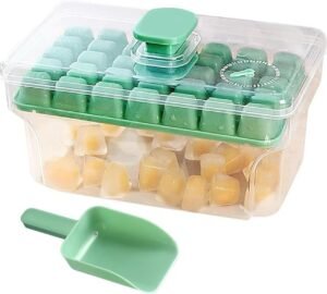 Stackable One-Press Ice Cube tray set with scoop and storage bin for clean ice