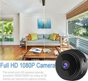 Wireless Mini CCTV Camera showing 1080P HD recording in living room