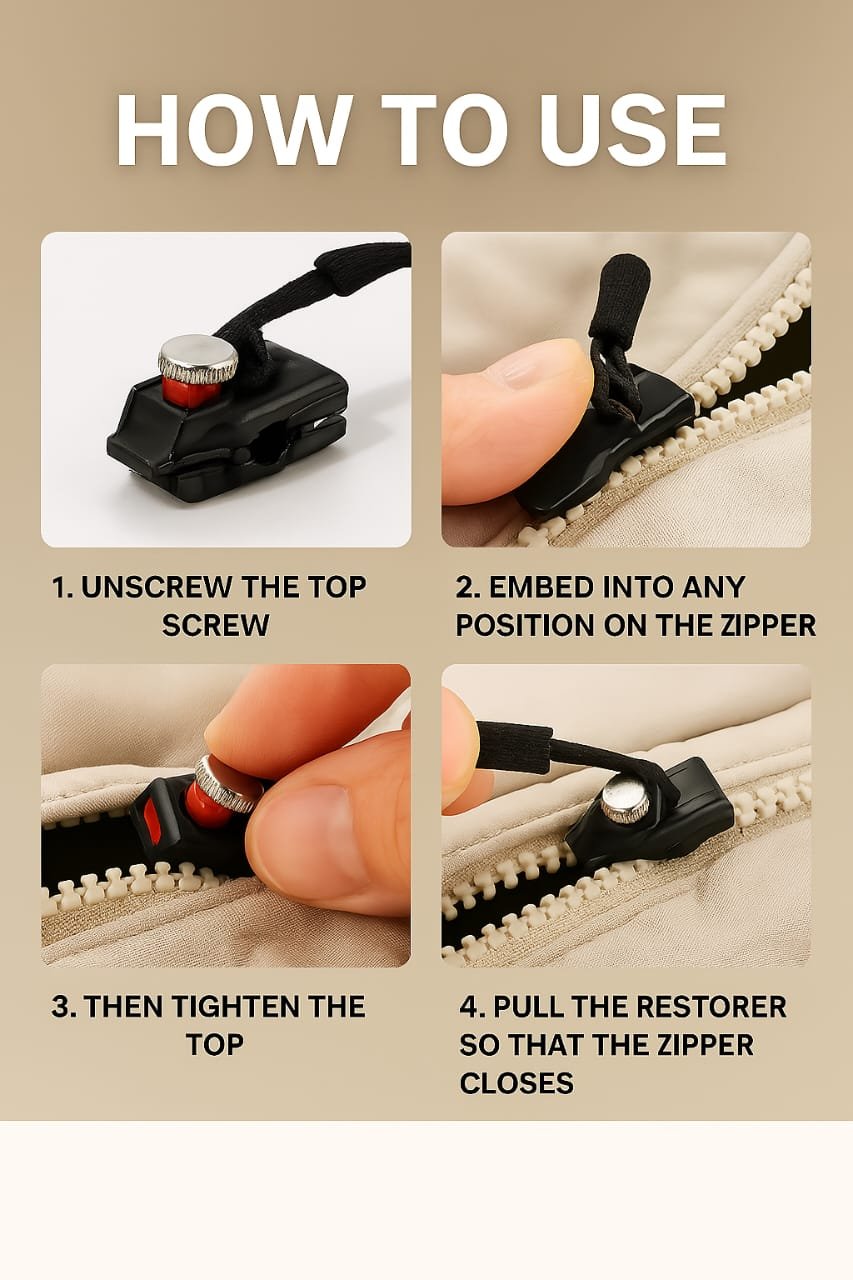 Step-by-step guide showing how to use the universal zipper repair kit – unscrew, attach to zipper, tighten, and fix instantly without sewing