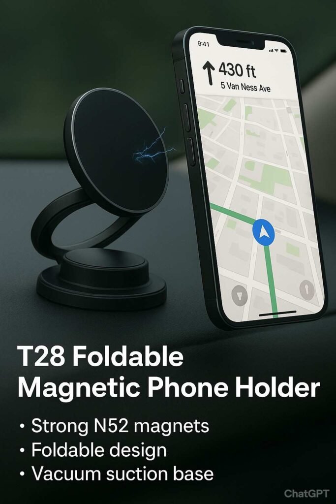 Magnetic phone holder for car dashboard with strong N52 magnets securely holding a smartphone