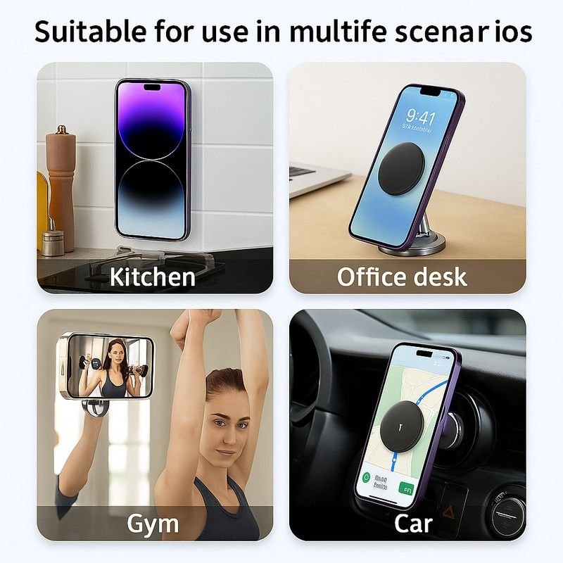 Multi-surface magnetic phone holder used for recipes in the kitchen, music in the bathroom, and calls at a work desk