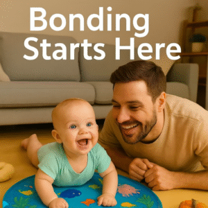 Father and baby sharing playful moment on baby tummy time mat with floating foam animals.