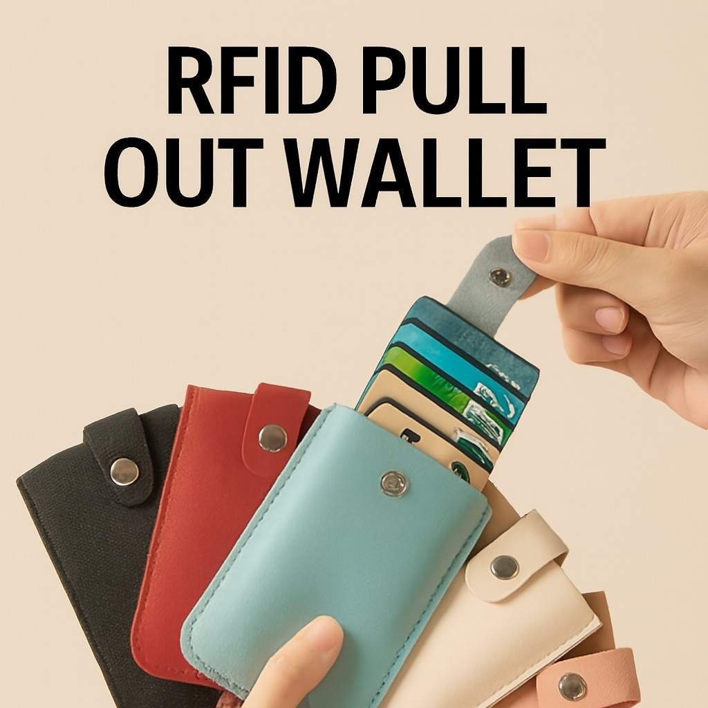 RFID pull-out wallet made of PU leather with secure snap closure, shown partially open with multiple cards visible for easy access and protection.